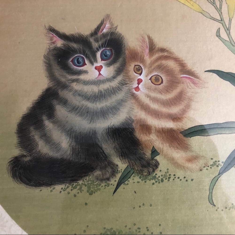 Chinese painting of KITTENS frame 15.75” Square/rectangle. Painting.   11.75” d